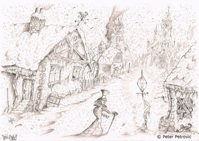 Die Ankunft (der Besuch), ein Wintermärchen in d-moll (2012; Bleistift; A4) {Charles Dickens gewidmet}