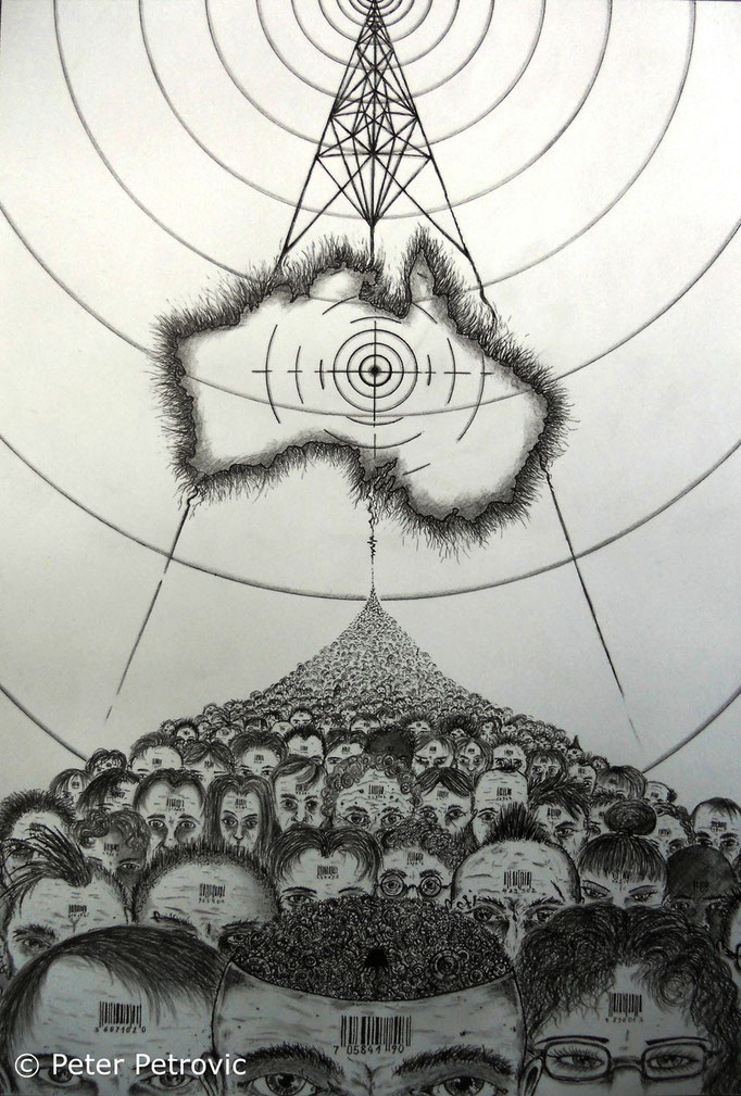 Target: Australia (Illustration) (2013; Fineliner & Bleistift; 40x50 cm) {Peter Sculthorpe gewidmet}