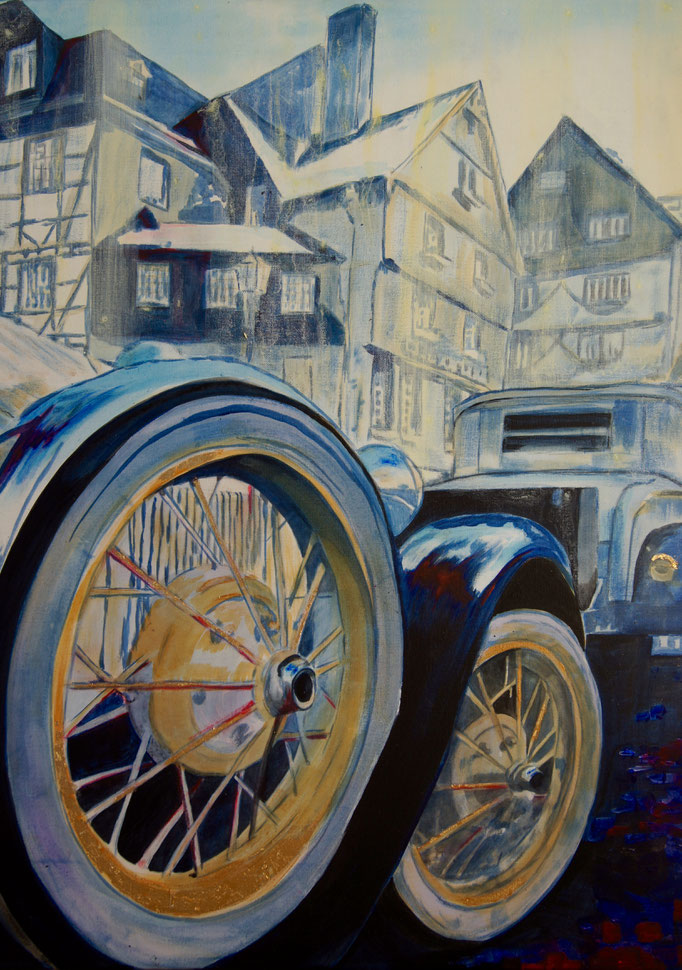 Acryl und Blattgold auf Leinwand 60x80  "Eifel Oldtimer" Monschau 2011