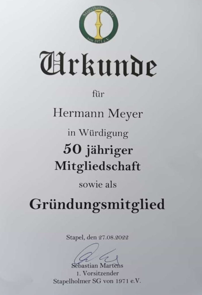 So sah die Urkunde für die Gründungsmitglieder aus