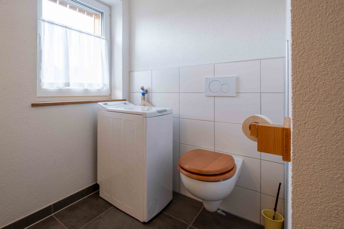 WC mit Holzklodeckel und Waschmaschine daneben