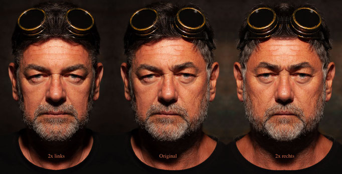 1 Gesicht in 3 Ansichten: 2x linke Hälfte - Original - 2x rechte Hälfte