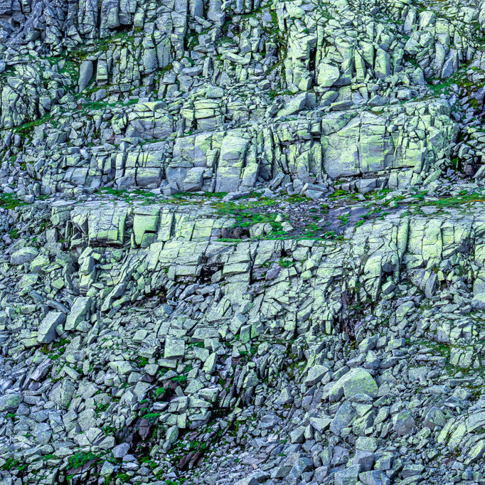mit beinahe neongrünen Flechten bewachsene Felsformation - Granatspitzgruppe, Hohe Tauern