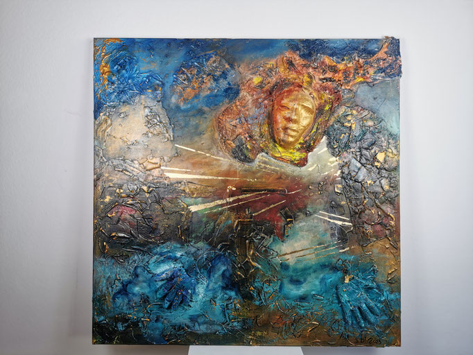 2023, Acrylfarbe, Maske, Gitarrensaiten, Gips, Gipsbinden, 100 cm x 100 cm, 1100 €