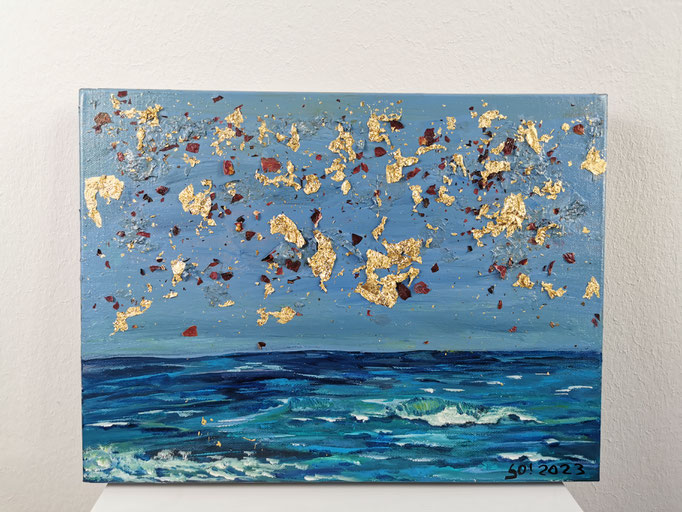 2023, Acrylfarbe, Gold, Blüten, 40 cm x 30 cm x 5 cm, 350 €