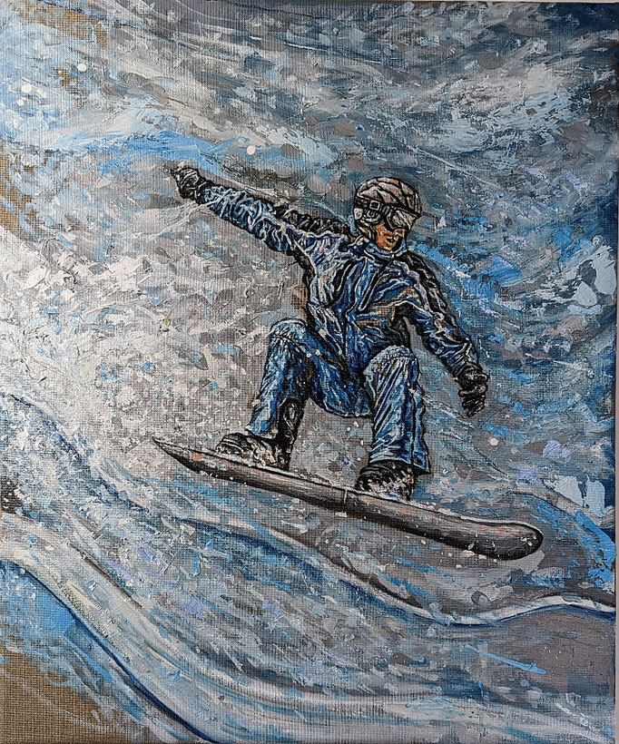 "SNOWBOARDEN", 50 x 70 cm, Öl auf Leinwand, 2022, Orthio Praxis 