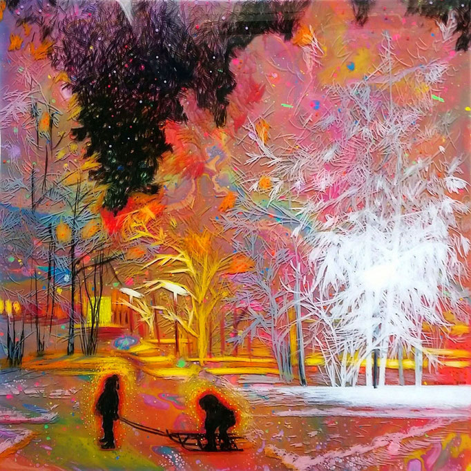  Winter, 2018, Acryl, Wasserlösliche Wachspastelle, Epoxidharz, auf Holz, 60 x 60 cm