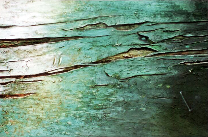 Ławka, 1998, Holzspliter, Pigmente, Bindemittel, Holzplatte, 190 x 120 cm