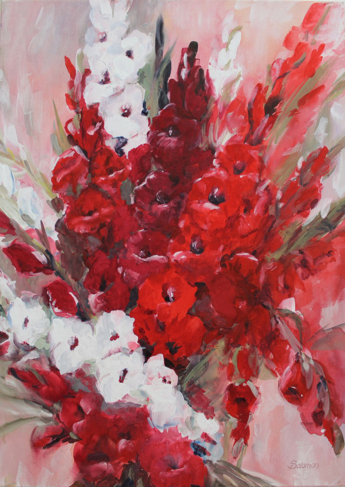 Gladiolen rot/weiß, 60 x 70cm Gouache auf Leinwand
