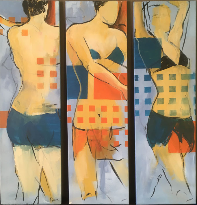 Dreimal Akt, Acryl auf Leinwand, 3x30x100