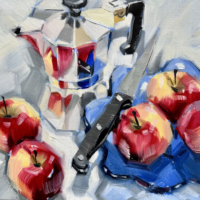 SLO235 Apples & Blue Flower Bowl.  8" square in 11" square frame £195