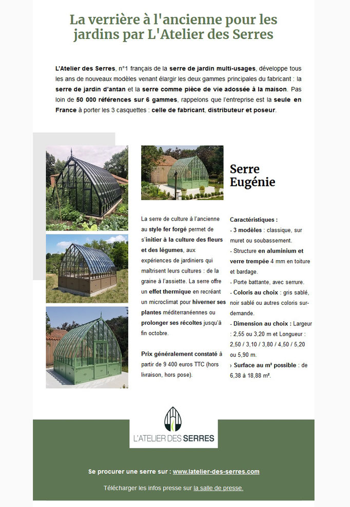 Dossier de presse Spécial "Made in West" - Serre de jardin L'Atelier des Serres