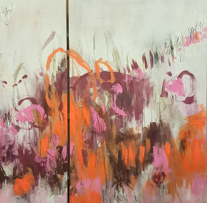 "Beleuchtet wie eine Stadt" 2-teilig, Acryl, Graphit, Pigment, Kreide auf Leinwand H/B 120x120