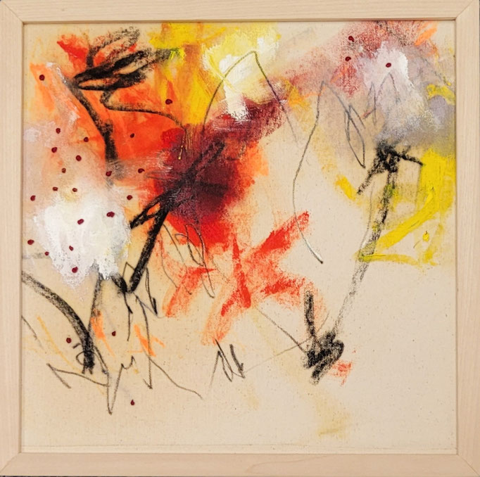 "Sonnenflimmer 1" Öl, Graphit, Kohle, Stickerei auf Roh-Leinwand H/B 30x30 gerahmt