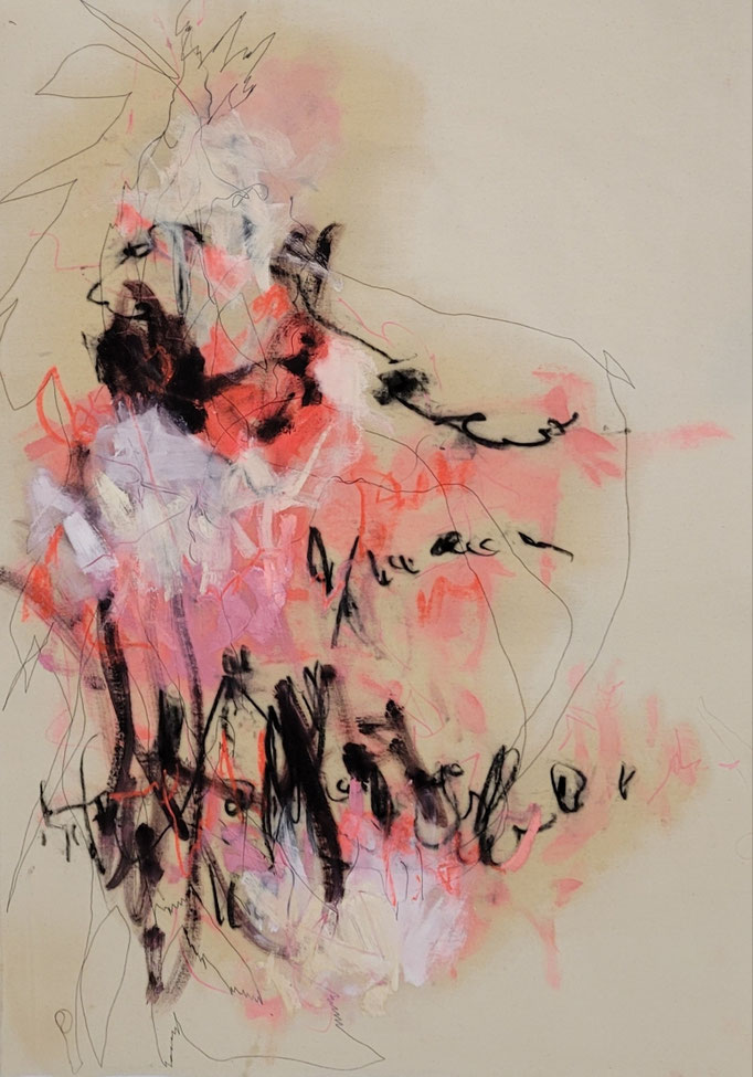 "Zweifel küsst die Freiheit" Öl, Graphit, Naht als Linienzeichnung auf Leinwand H/B 70x100