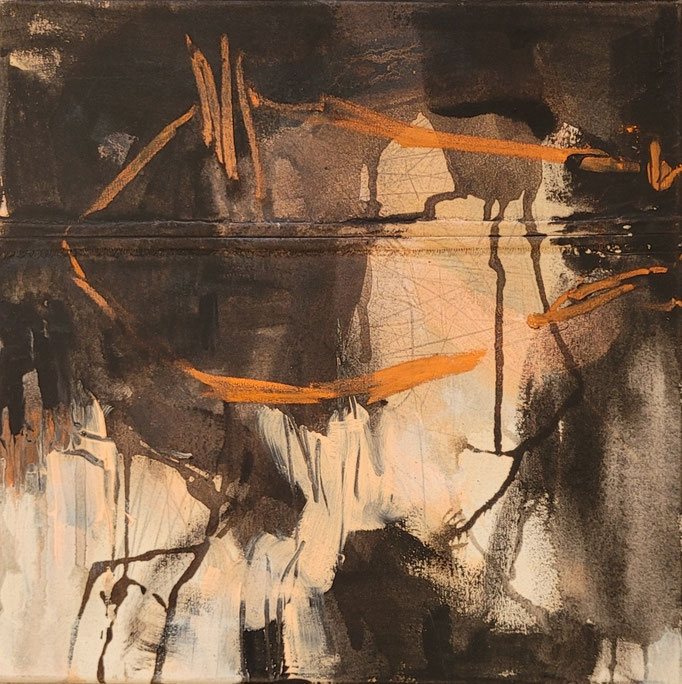 "Das Ende der Nacht" Acryl, Pigmente, Kreide, Bitumen auf Roh-Leinwand H/B 45x45