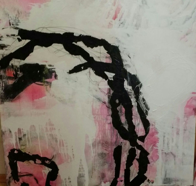"Ich möchte tanzen, fliegen, schweben 1" Acryl, Graphit, Pigment, Naht, Collage auf Leinwand H/B 100x100