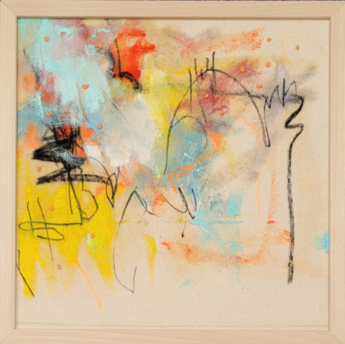 "Sonnenflimmer 2" Öl, Graphit, Kohle, Stickerei auf Roh-Leinwand H/B 30x30 gerahmt