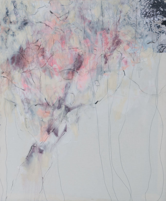 verkauft "Duft von Zuckerwatte" Acryl, Graphit, Pigment, Kreide, Naht auf Roh-Leinwand H/B 120x100