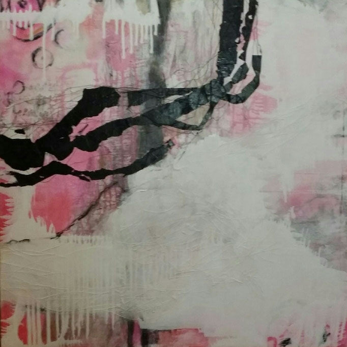 "Ich möchte tanzen, fliegen, schweben 2" Acryl, Graphit, Pigment, Naht, Collage auf Leinwand H/B 100x100