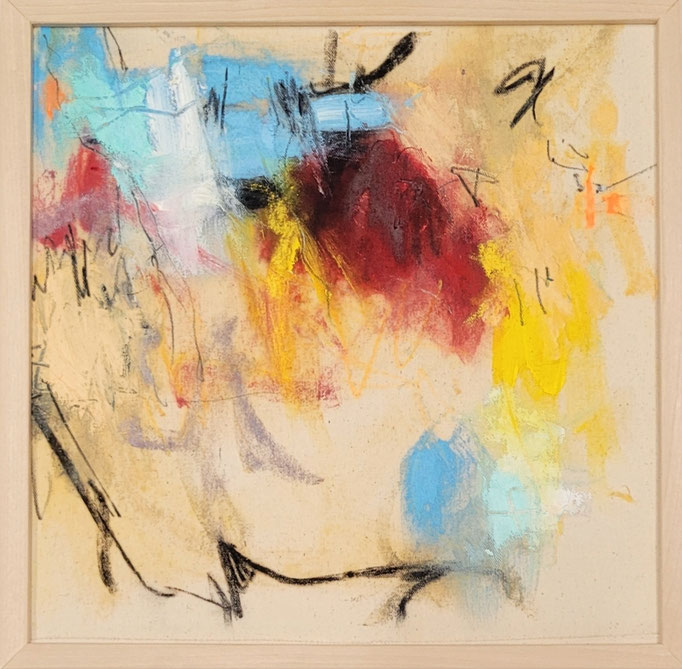 "Sonnenflimmer 6" Öl, Graphit, Kohle auf Roh-Leinwand H/B 30x30 gerahmt