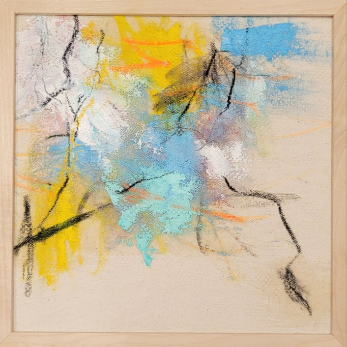 "Sonnenflimmer 3" Öl, Graphit, Kohle auf Roh-Leinwand H/B 30x30 gerahmt