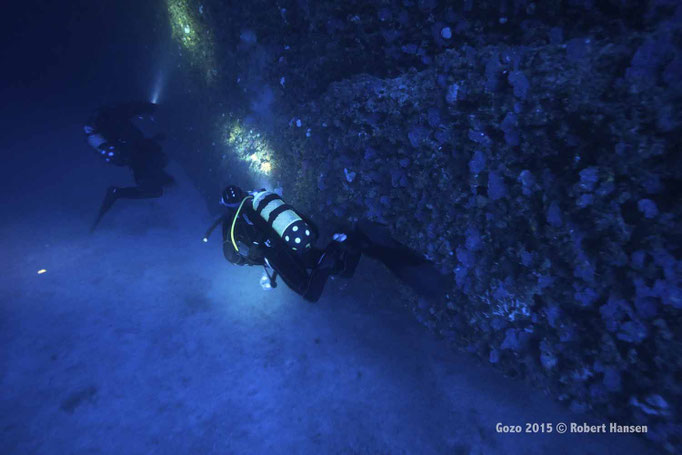  Grotte. Nur noch wenig Tageslicht dringt in die Tiefen der Coral Cave. Was hier alles an den Wänden wächst? © Robert Hansen, Gozo 2015