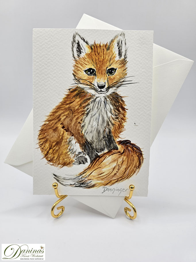 Geburtstagsgrußkarte gemalt Aquarell Fuchs sitzend