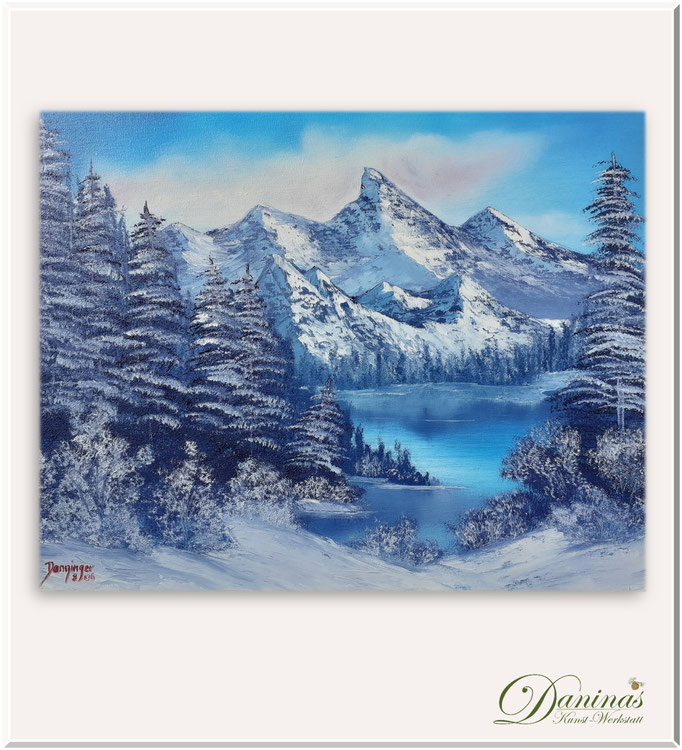 Wandbilder Berge: Winter Schnee in den Bergen. Gemalte Landschaftsbilder. Ölgemälde auf Leinwand handgemalt.