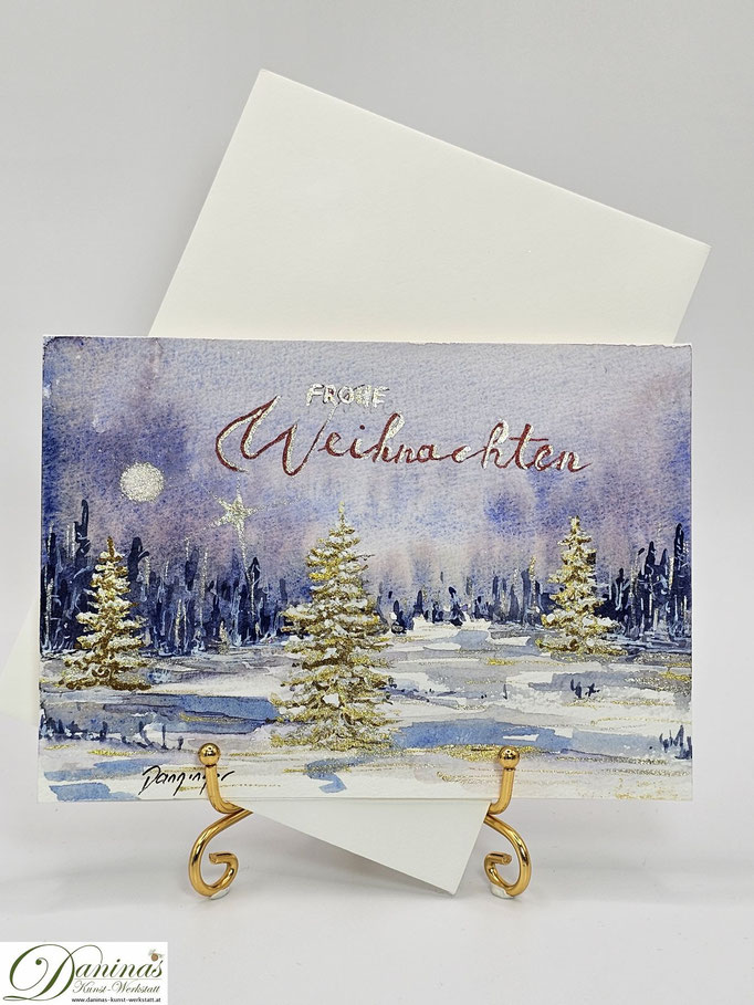 Aquarell Weihnachtsgrußkarte gemalt Winterlandschaft mit Stern und "Frohe Weihnachten"-Handlettering