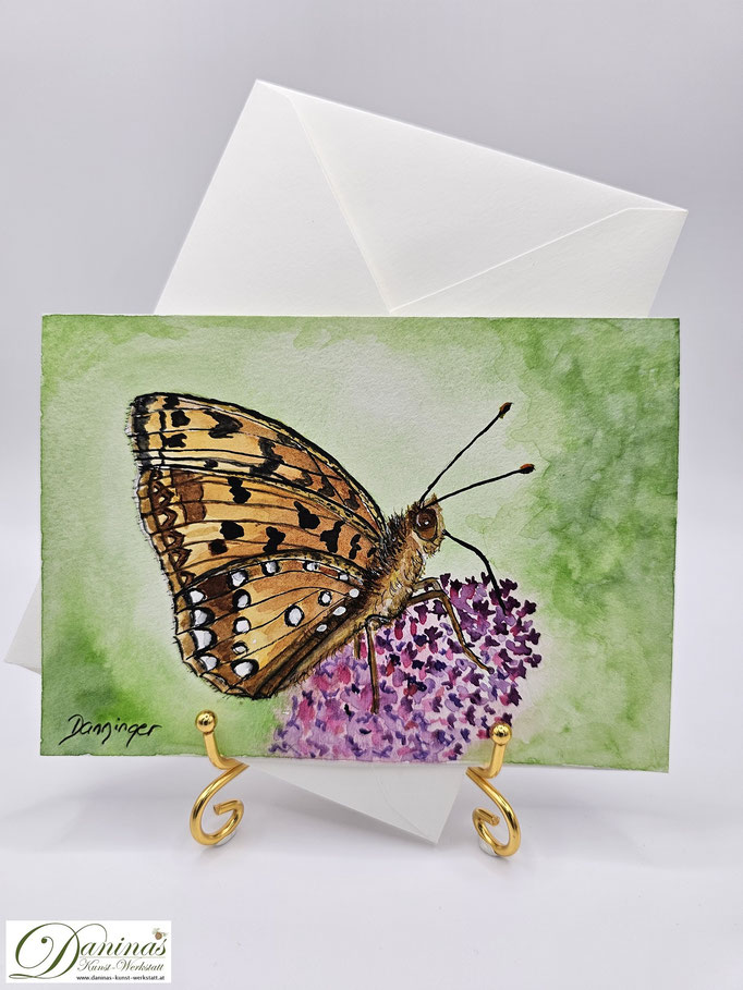 Aquarell Geburtstagsgrußkarte Schmetterling Märzveilchenfalter auf Flieder