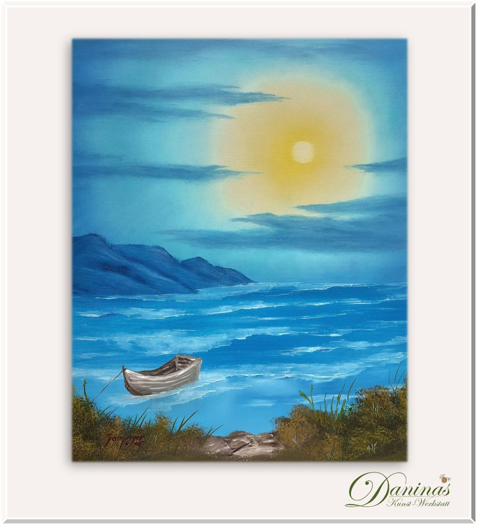 Sommerbilder gemalt: Sonnenuntergang am Meer. Ölgemälde handgemalt.