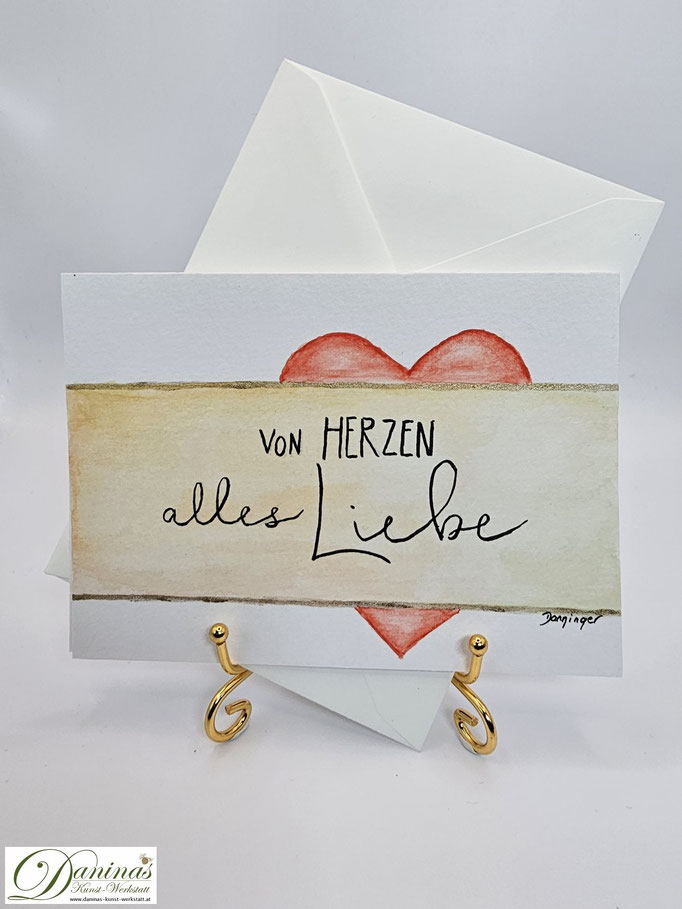 Geburtstagskarte Aquarell Herz mit "Von Herzen alles Liebe"-Handlettering