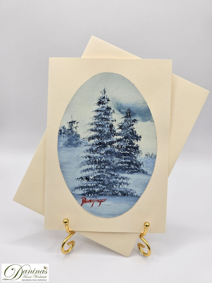 Weihnachtsgrußkarte mit original Ölbild "Fichten Freunde", Winterlandschaft