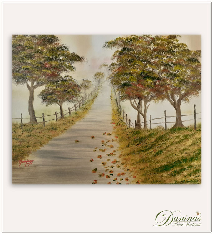Herbstbilder gemalt: Herbst Allee im Nebel. Gemalte Landschaftsbilder. Ölgemälde handgemalt.