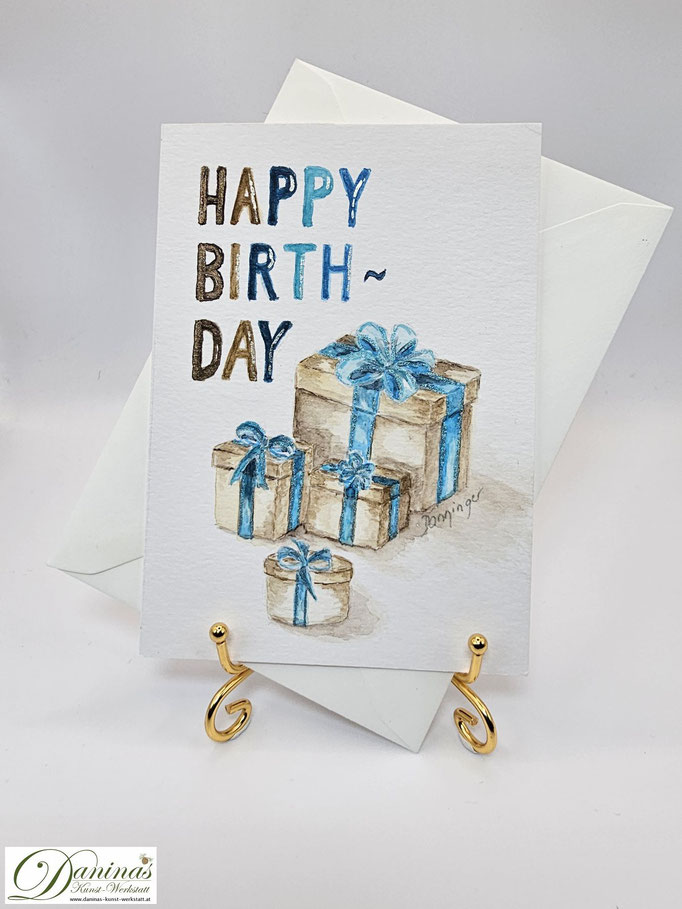 Geburtstagsgrußkarte Aquarell Verpackte Geschenke mit blauen Schleifen und "Happy Birthday"-Handlettering