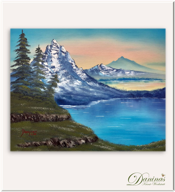Landschaftsbild gemalt - Morgenrot über den Bergen