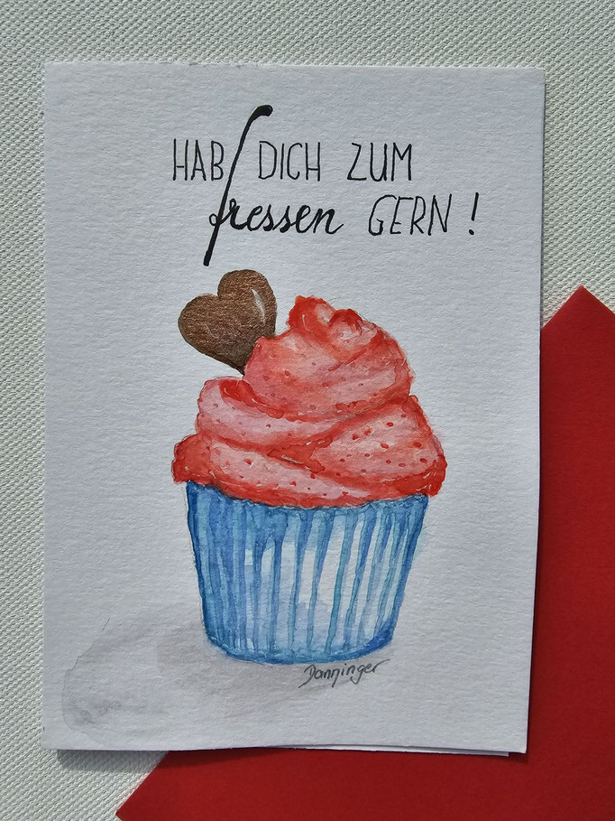 Lustige Valentinskarte für liebe Valentinstagsgrüße: Cupcake mit "Ich hab Dich zum fressen gern" Handlettering
