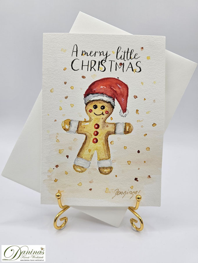 Aquarell Weihnachtskarte Lebkuchenmann mit "A merry little Christmas"-Handlettering