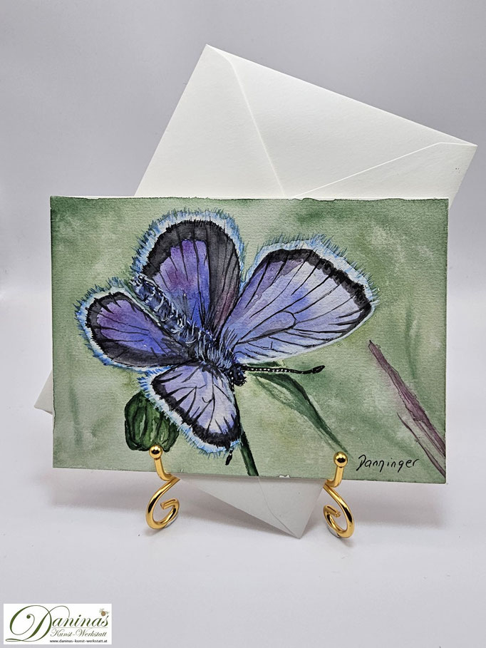 Geburtstagsgrußkarte gemalt Schmetterling Geißkleebläuling