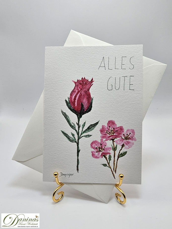 Geburtstagsgrußkarte gemalt Edelrose und Wildrose mit "Alles Gute"-Handlettering