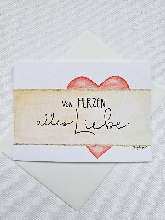 Muttertagskarte Aquarell Herz mit "Von Herzen alles Liebe" Handlettering