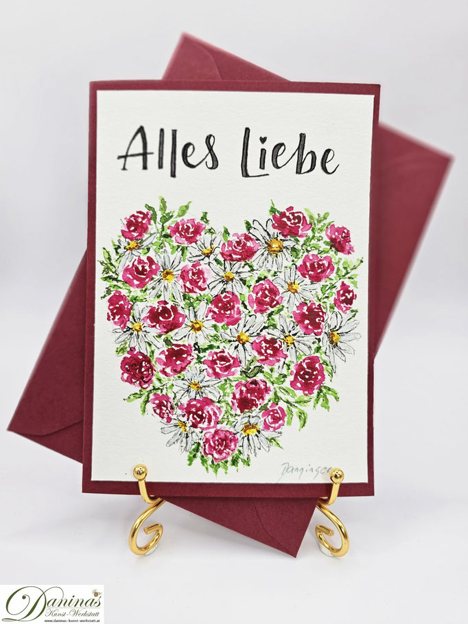 Muttertagskarte Aquarell Herz aus Rosen und Margeriten mit "Alles Liebe"-Handlettering