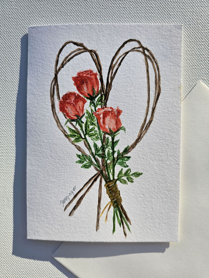 Muttertagskarte Aquarell Rote Rosen im Weidenherz