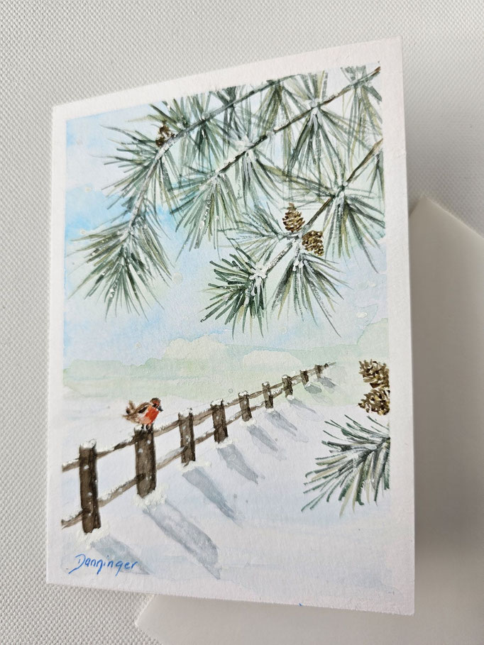 Gemalte Weihnachtskarte Aquarell Rotkehlchen am Holzzaun