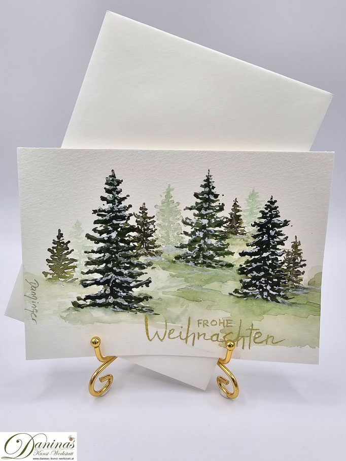 Außergewöhnliche Weihnachtskarte gemalt Winterlandschaft Tannenwald mit "Frohe Weihnachten"-Handlettering