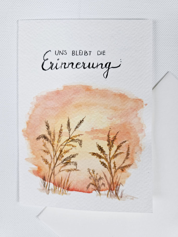 Kondolenzkarte gemalt Aquarell "Gräser im Sonnenuntergang"