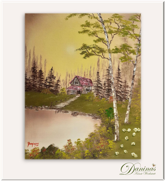 Sommerbilder gemalt: Florida Haus am See. Gemalte Landschaftsbilder.