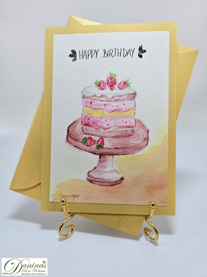 Geburtstagsgrußkarte gemalt Aquarellbild Geburtstagstorte mit Beeren