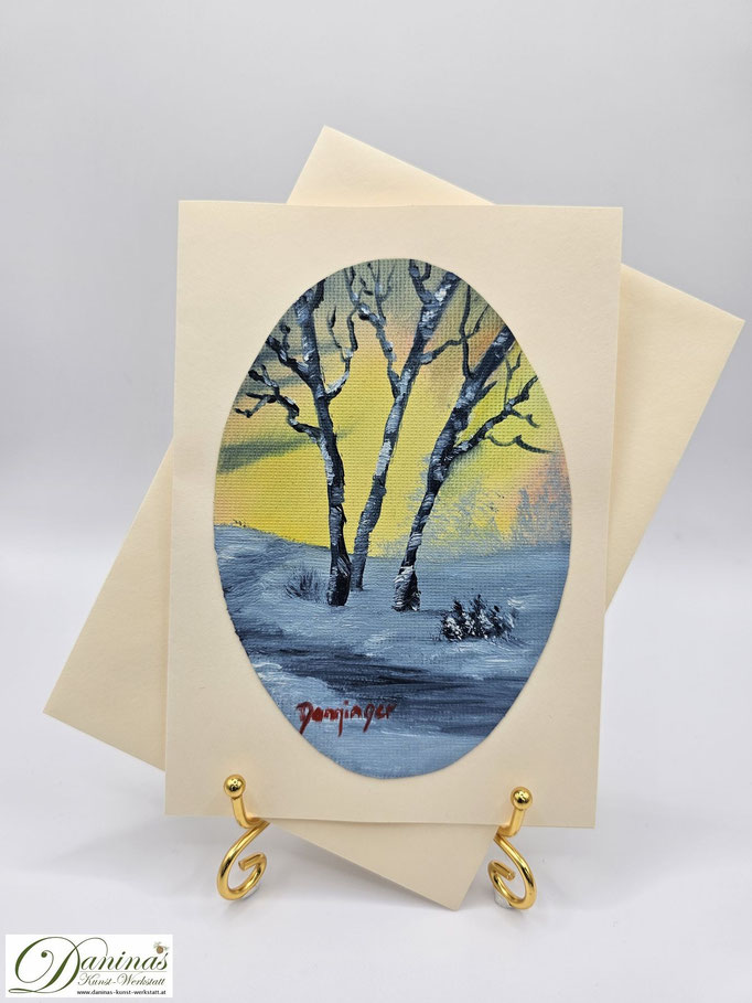 Besondere Weihnachtsgrußkarte mit original Ölbild "Drei Birken", Wintermotiv